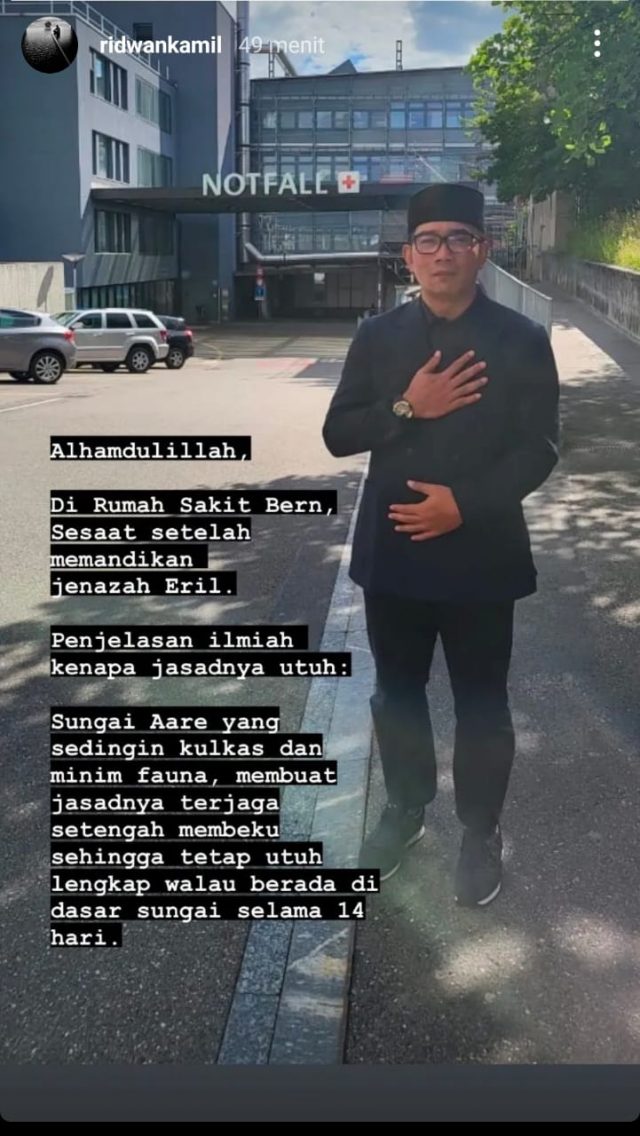 Ridwan Kamil saat berada di depan rumah sakit bern / Instagram story @ridwankamil